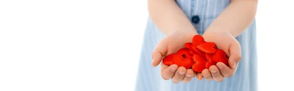 Partial view of child with a handful of red toy hearts isolated on white, banner — Stock Photo