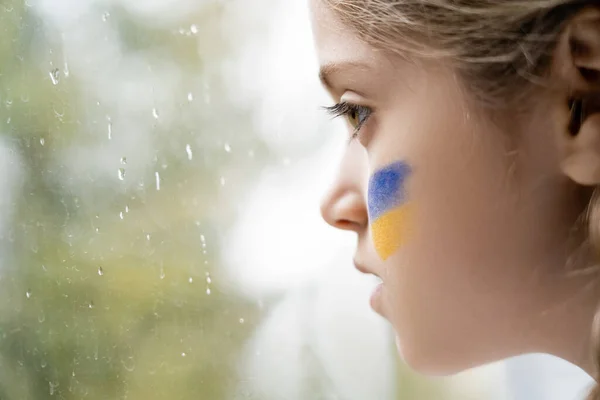 Close up profile of girl with ukrainian flag painted on face near wet window glass — Stock Photo