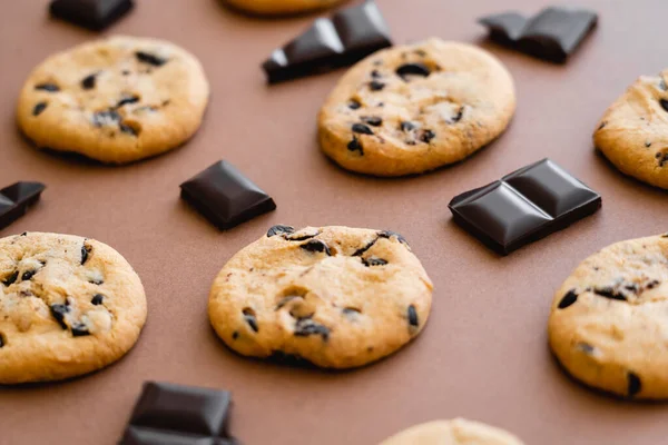 Close up view of cookies and chocolate pieces on brown background — Stock Photo