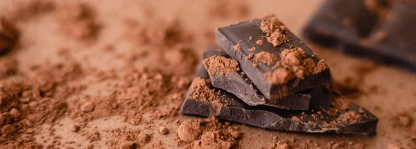 Close up view of natural chocolate and cocoa on brown background, banner — Photo de stock