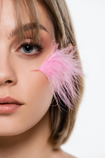 Cropped view of sensual young woman with pink feather on face isolated on white - foto de stock