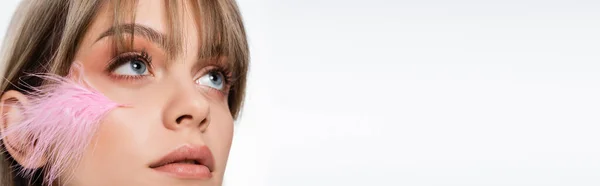 Close up of sensual young woman with blue eyes and pink feather on face looking up isolated on white, banner — Photo de stock