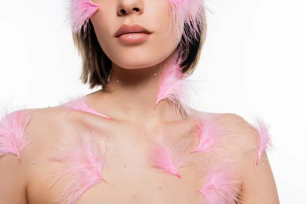 Vue recadrée de jeune femme avec des éléments décoratifs et des plumes roses sur le visage et le corps isolé sur blanc — Photo de stock