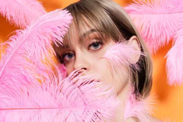 Jeune femme avec des perles décoratives dans le maquillage en regardant la caméra à travers des plumes roses isolées sur orange — Photo de stock