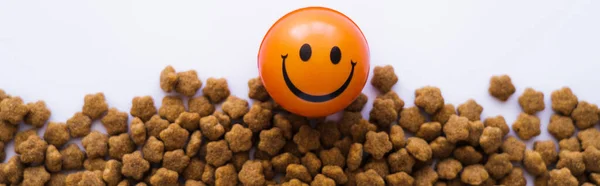 Bola com emoticon sorridente perto de pet food isolado em branco, banner — Fotografia de Stock