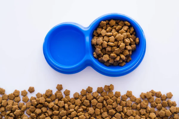 Vista superior de tigelas de plástico azul com alimentos para animais de estimação e água isolada em branco — Fotografia de Stock