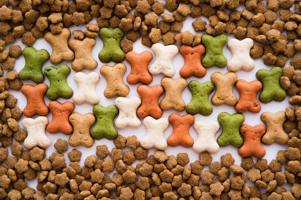 Top view of bone shaped cookies and dry pet food as backdrop — Stock Photo