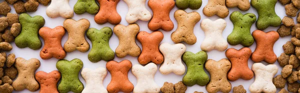 Vista dall'alto di biscotti a forma di osso vicino al cibo per animali domestici, banner — Foto stock