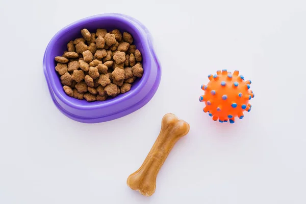 Top view of rubber toy near bowl with pet food and bone shaped treat on white — Stock Photo