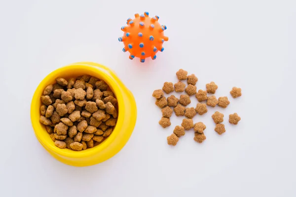 Vista superior de alimentos secos e crocantes para animais de estimação perto da tigela e brinquedo de borracha isolado no branco — Fotografia de Stock