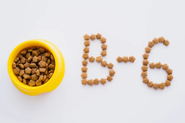 Tendido plano de la palabra hecha de comida seca para mascotas cerca de cuenco aislado en blanco - foto de stock