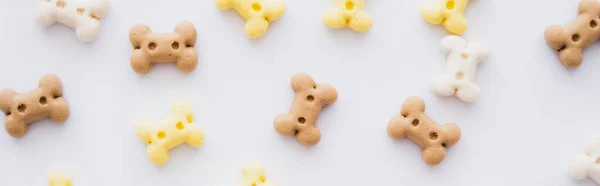 Vista superior de biscoitos em forma de osso para animal de estimação isolado em branco, banner — Fotografia de Stock