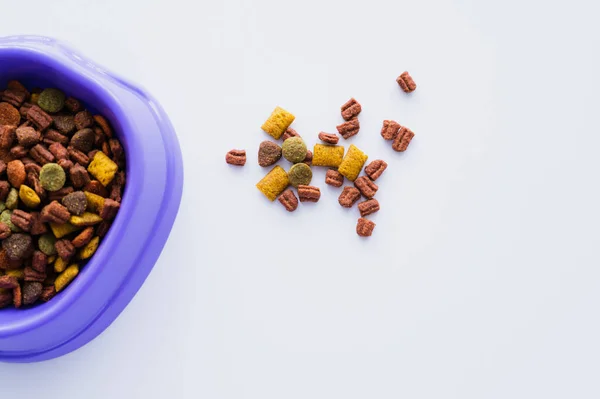 Vue du dessus du bol en plastique violet avec nourriture sèche pour chat isolé sur blanc — Photo de stock