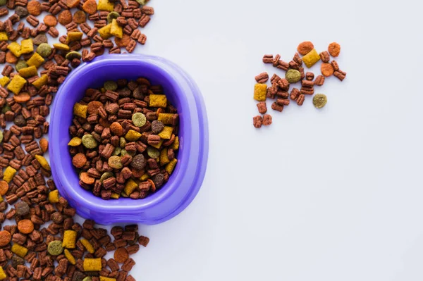 Top view of purple plastic bowl with dry pet food isolated on white — Stock Photo