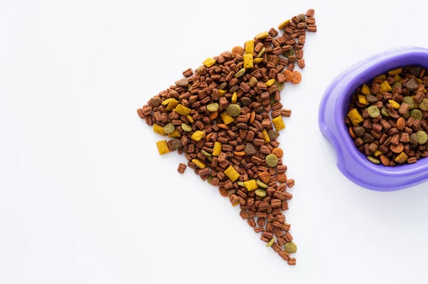 Shape of fish made with dry pet food near purple bowl isolated on white — Stock Photo