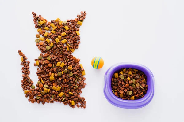 Vue de dessus de la forme du chat fabriqué à partir d'aliments secs pour animaux de compagnie près du bol et de la balle isolé sur blanc — Photo de stock