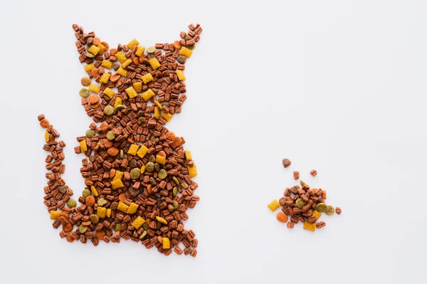 Vue de dessus de la forme du chat en nourriture pour animaux de compagnie isolé sur blanc — Photo de stock