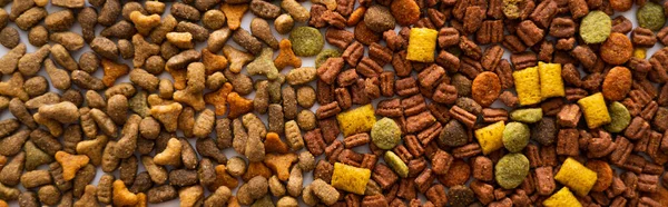 Vista dall'alto di cibo per animali domestici asciutto in diverse forme come sfondo, banner — Foto stock