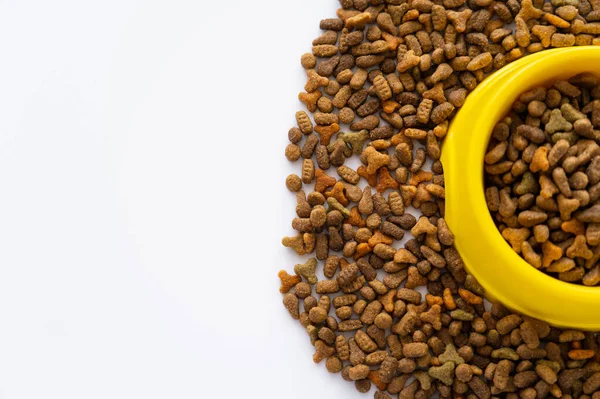 Top view of pet food in yellow bowl isolated on white with copy space — Stock Photo