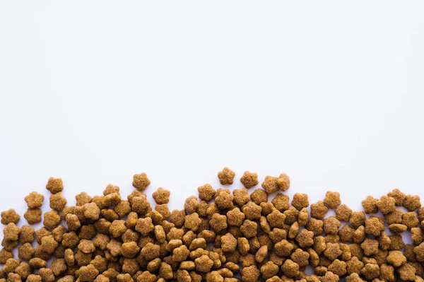 Vue de dessus des aliments nutritifs et savoureux pour animaux isolés sur blanc — Photo de stock