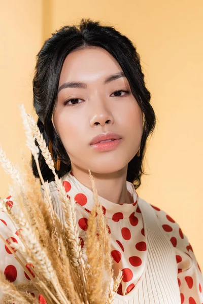 Retrato de mulher asiática na moda olhando para a câmera perto de espiguetas borradas no fundo laranja — Fotografia de Stock