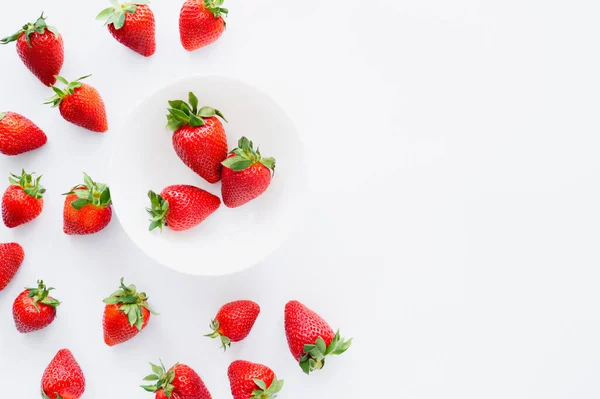 Вид зверху на смачну полуницю в тарілці на білому тлі — стокове фото