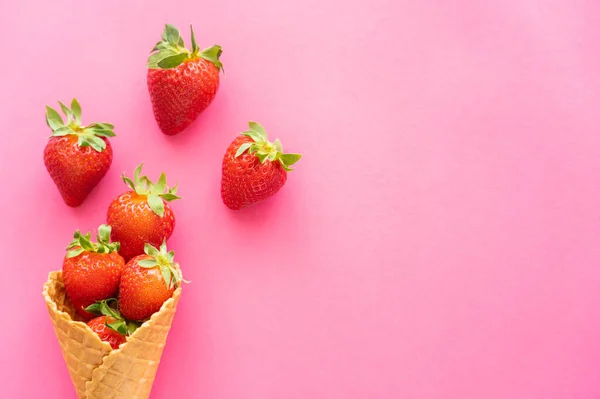 Top view of strawberries with leaves in waffle cone on pink background — Stock Photo