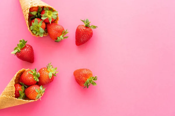 Top view of strawberries near tasty waffle cones on pink background — Stock Photo