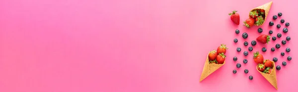 Flat lay with blueberries near waffle cones with strawberries on pink background, banner — Stock Photo