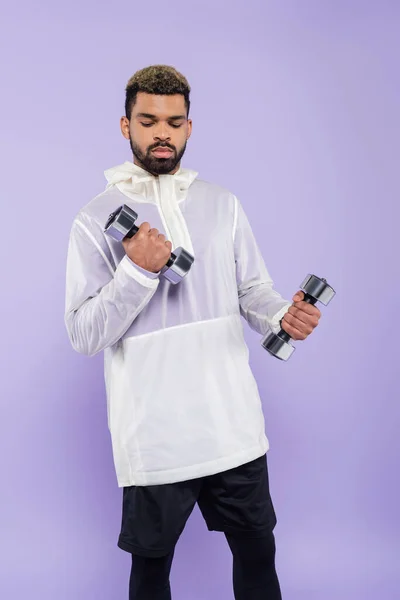 Bearded african american sportsman exercising with dumbbells isolated on purple — Stock Photo