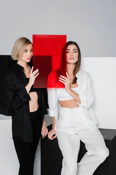 Donne alla moda in possesso di vetro rosso vicino a cubi in bianco e nero isolati su grigio — Foto stock