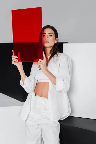 Bella donna in possesso di vetro rosso mentre posa vicino cubi in bianco e nero isolato su grigio — Foto stock