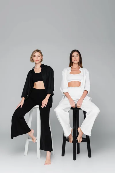 Longitud completa de las mujeres con estilo en ropa en blanco y negro sentado en taburetes sobre fondo gris - foto de stock