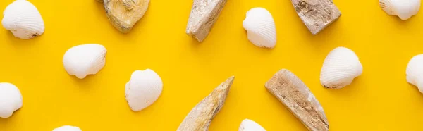 Flat lay with seashells and stones on yellow background, banner — Stock Photo