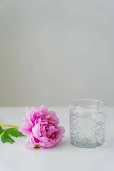 Kristallglas mit Süßwasser in der Nähe von Pfingstrosen auf weißer Oberfläche isoliert auf grau — Stockfoto