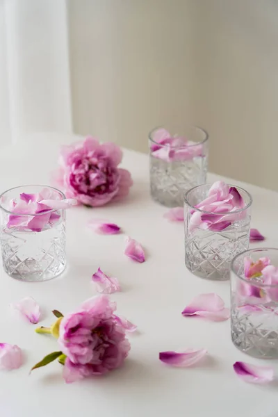 Kristallgläser mit Tonikum und Blütenblättern in der Nähe von rosa Pfingstrosen auf weißer Tischplatte und grauem Hintergrund — Stockfoto