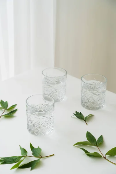 Folhas verdes e copos de cristal com água pura em mesa branca e fundo cinza — Fotografia de Stock