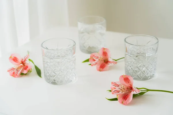 Bicchieri di cristallo con acqua vicino fiori rosa su superficie bianca e sfondo grigio — Foto stock