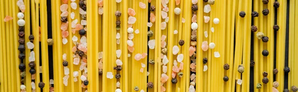 Top view of raw spaghetti and spices on black background, banner — Stock Photo