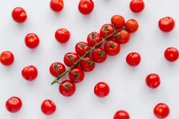 Vue de dessus des tomates cerises fraîches naturelles sur fond blanc — Photo de stock