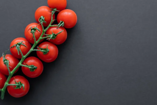 Top view of natural cherry tomatoes on branch on black surface with copy space — Stock Photo