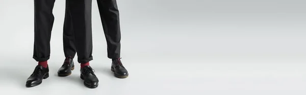 Vista ritagliata di coppia gay in abbigliamento formale e scarpe su sfondo grigio, banner — Stock Photo