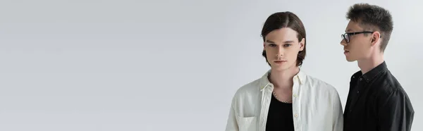 Young brunette man looking at camera near boyfriend in eyeglasses isolated on grey, banner — Stock Photo