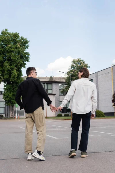 Vue latérale du jeune couple homosexuel se tenant la main tout en marchant dans la rue urbaine — Photo de stock