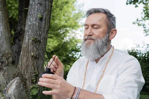 Hombre gurú senior con barba gris sosteniendo difusor con palos de aroma al aire libre - foto de stock