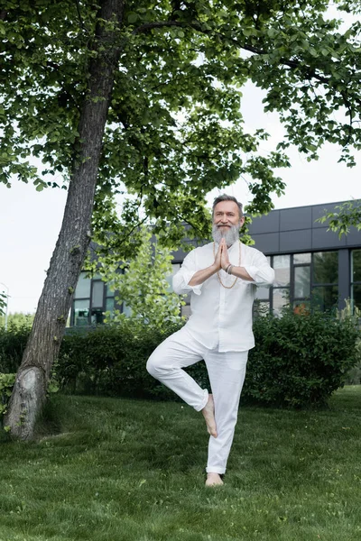 Barfuß-Meister-Guru meditiert in Baum-Pose mit betenden Händen im Park — Stockfoto