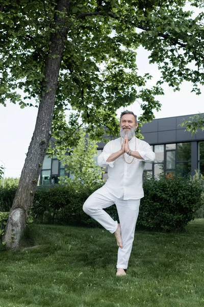 Maestro guru a piedi nudi meditare in posa albero con le mani in preghiera nel parco — Foto stock