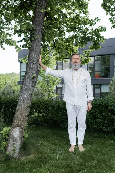 Pleine longueur de gourou entraîneur toucher tronc d'arbre tout en méditant avec les yeux fermés à l'extérieur — Photo de stock