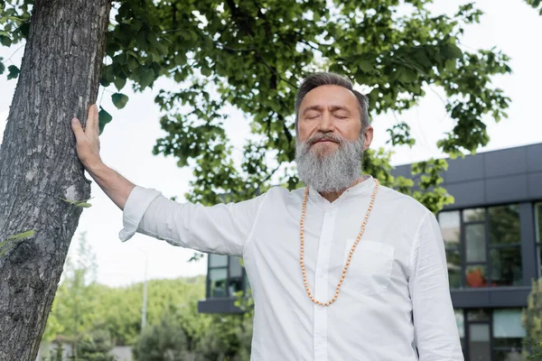 Uomo barbuto in camicia bianca e perline meditando con gli occhi chiusi vicino all'albero — Foto stock