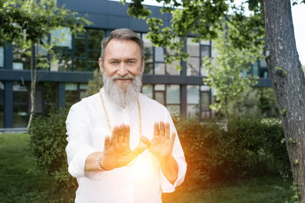 Mentor espiritual barbudo mirando a la cámara cerca de la luz del aura al aire libre - foto de stock